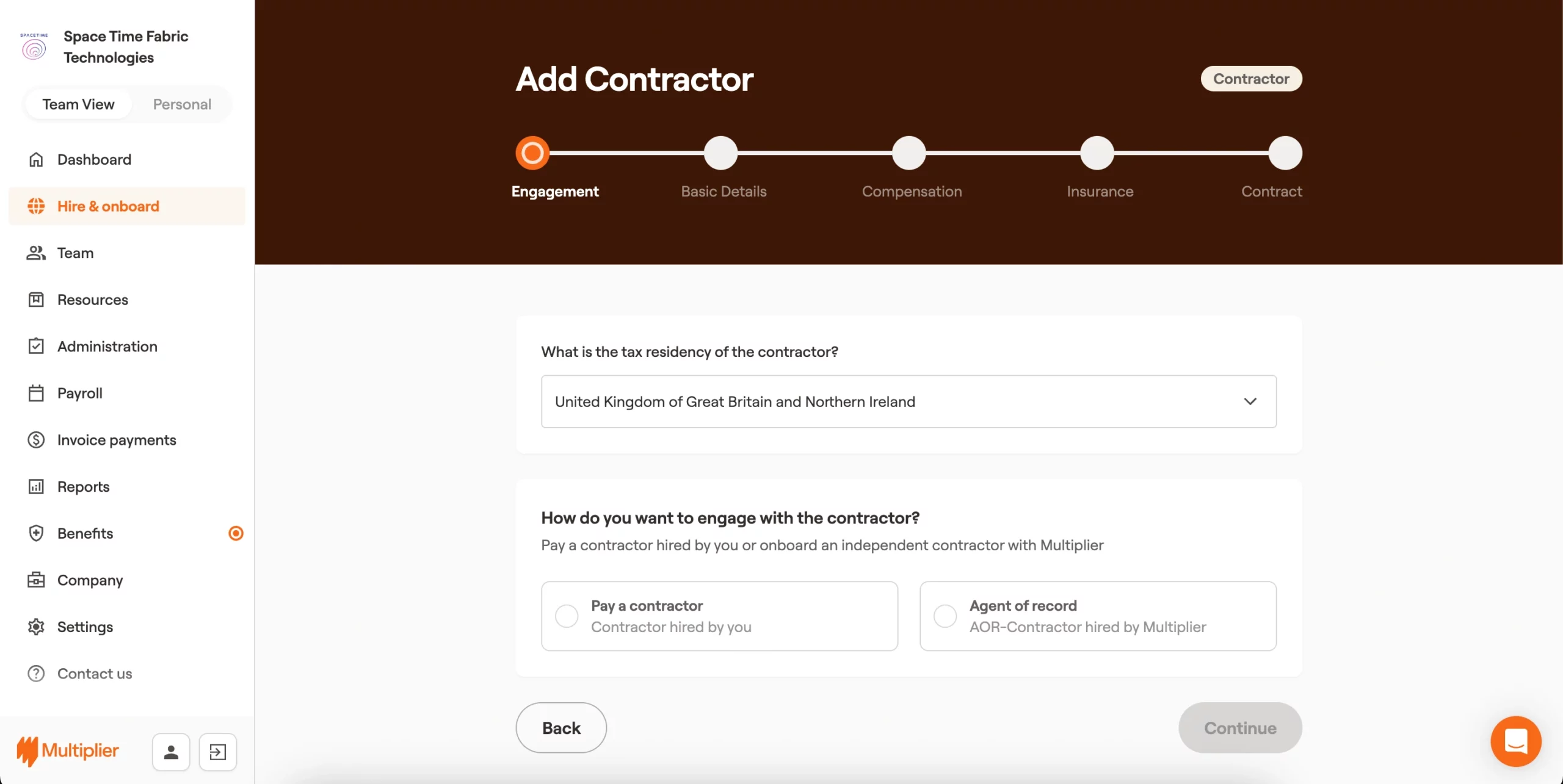 Contractor engagement for onboarding a contractor in the United Kingdom (UK).